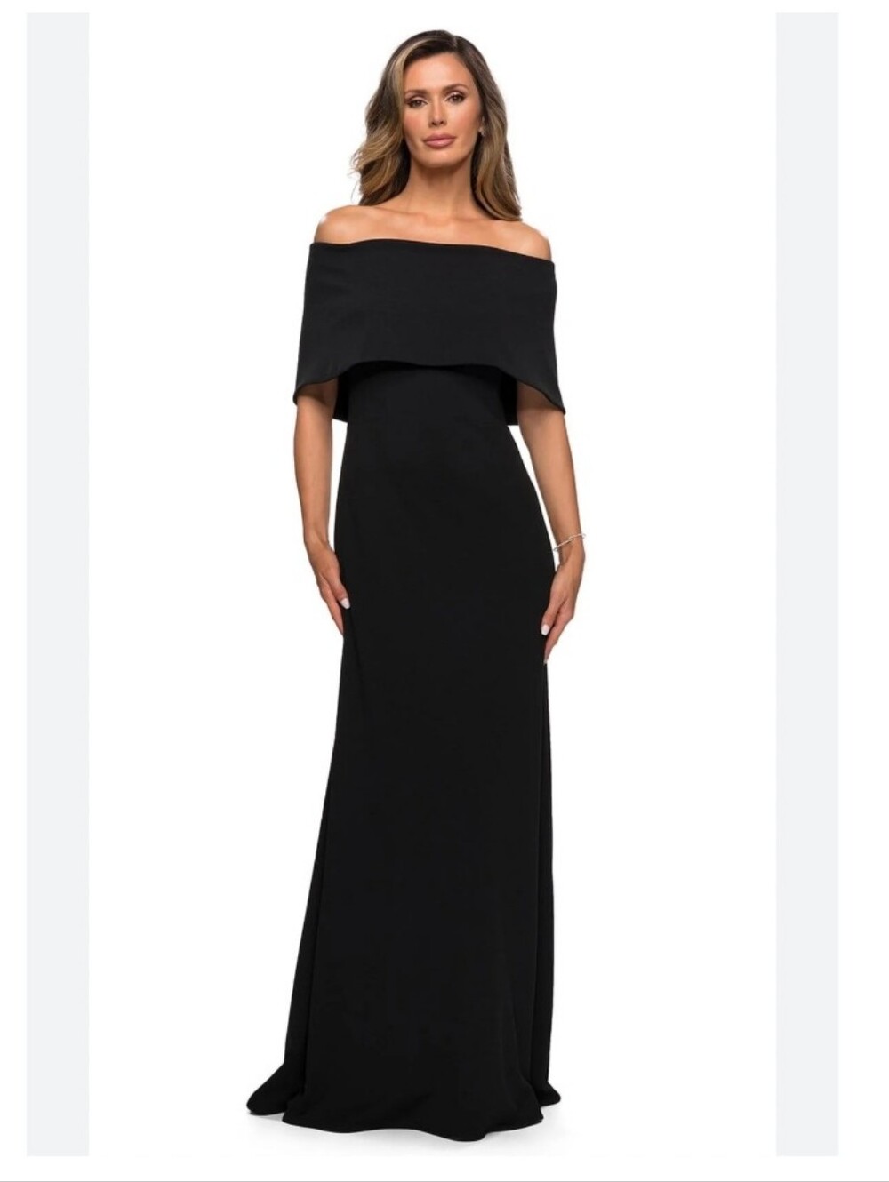 NEW! La Femme Off-The-Shoulder Jersey Gown With Column Skirt Maxi Dress Size 10